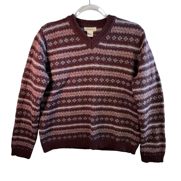 Aeropostale Sweaters - Aeropostale Vintage Wool Sweater Fair Isle V-Neck Burgundy Striped Mens Medium M